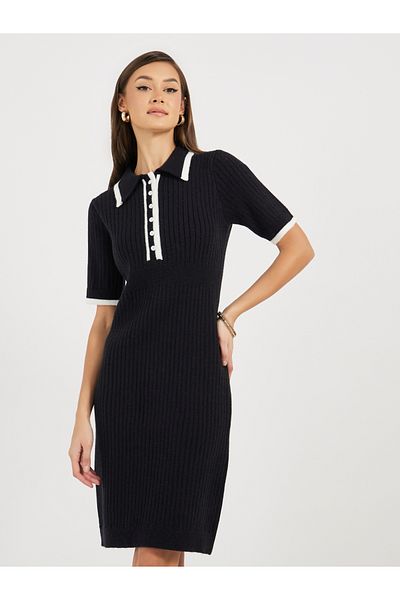 Styli Contrast Trim Knit Sweater Knee-Length Dress
