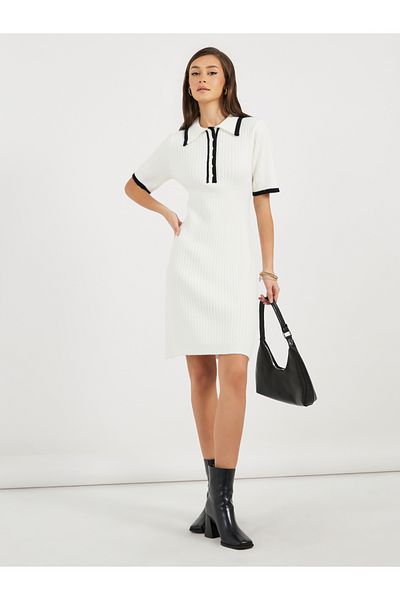 Styli Contrast Trim Knit Sweater Knee-Length Dress