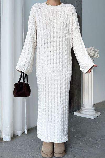 VAGGON Γυναικείο εκρού Crew Neck Hair Braided Knitwear Midi Dress Prm1341