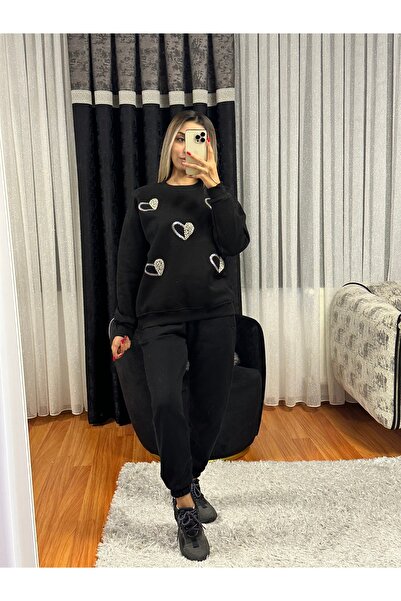 SHINE STYLE Kalp Taş İşleme Sweatshirt Siyah