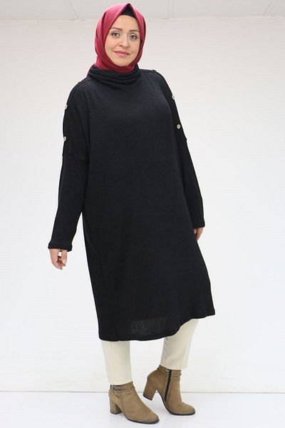 Eslina 38149 Plus Size Low Sleeve Button Detail Mir Tunic-Black