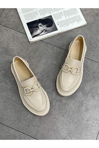 ERVANIN BUTİĞİ Beige Skin (Agnes) Pearl Buckle Detail Women's Loafer