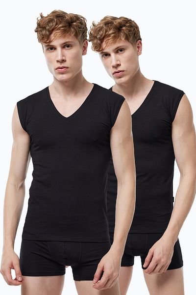 Malabadi Ανδρικό μαύρο 2 πακέτο V-Neck χωρίς σήμανση Modal Αμάνικο εσώρουχο 064