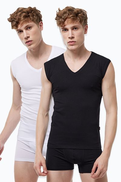 Malabadi Ανδρικό μαύρο λευκό 2 πακέτο V-Neck χωρίς σήμανση Modal αμάνικο εσώρουχο 064