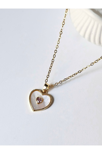 Ari Jewelry Sedef Taşlı Kalp Motifli Paslanmaz Çelik Kolye - Zarif ve Romanti...