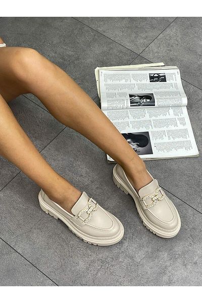ERVANIN BUTİĞİ Beige Skin (Agnes) Pearl Buckle Detail Women's Loafer