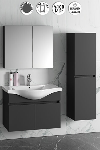 ÖZCEDEN Yıldız 80+35 Cm Antrasit Gri Mat Mdf Seramik Lavabolu Sepetli Asma Ba...
