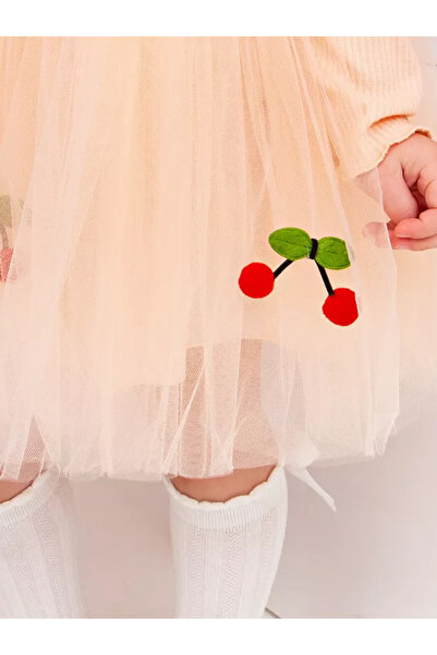 nc gift Kirazlı Uzun Kollu Pamuk Astarlı Tütü Etek Kız Çocuk Tüllü Prenses Elbise