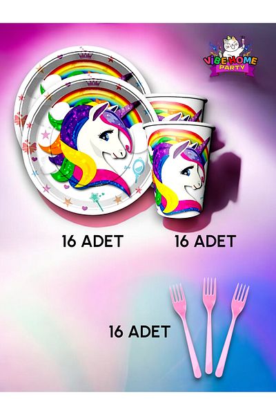 VibeHome 16-Person Unicorn Themed Super Eco Set - Birthday Party and Fun Events