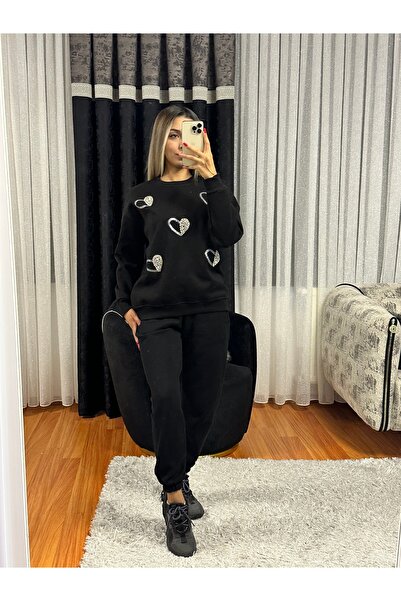 SHINE STYLE Kalp Taş İşleme Sweatshirt Siyah