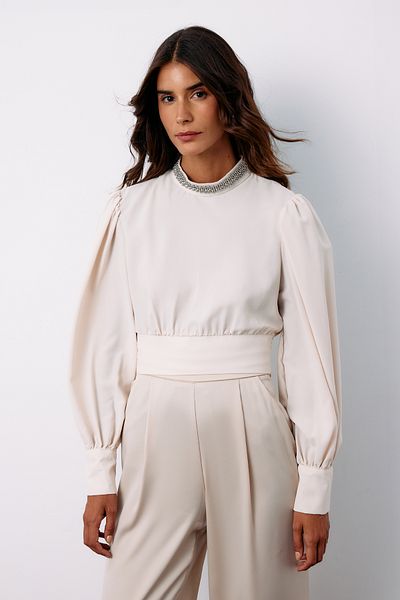 Sateen Beige Color Collar Accessory Blouse