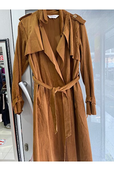 Yaren Moda Kadın fitilli kadife uzun trenç ceket