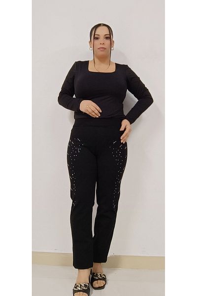 AKŞEN GİYİM Plus Size Recovery Two Sizes Thin Showing Elastic Waist Punto Fabric Side Stone Pant