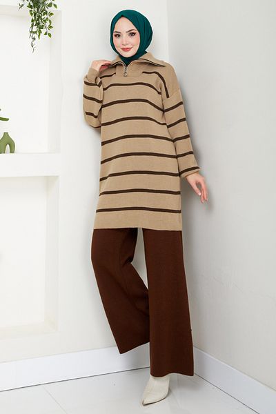 ModaMerve Set de tricotaje cu jumătate de fermoar 5002KLN1035-M Latte&Brown