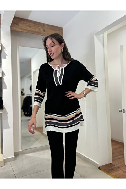 STAMINA Tunic Style Neck Tie Sweater with Stripes and Sleeves Detail