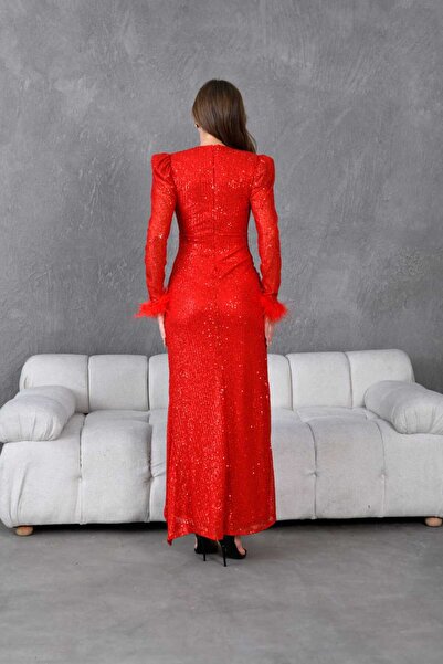 CİXAPLE Kruvaze Yaka Uzun Kol Tüy Detaylı  Elbise