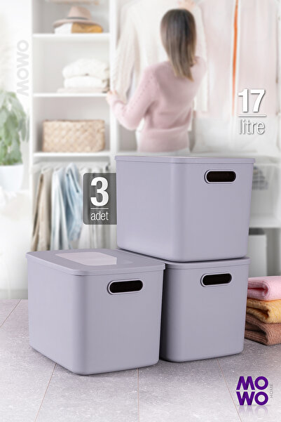 Mowo Home Retro Box Gri 3 Adet 17 Lt Düzenleyici Kapaklı Kutu, Dekoratif Sakl...