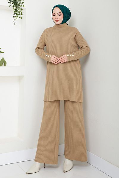 ModaMerve Set de tricotaje Latte - cu fantă laterală 5052KLN1035-M
