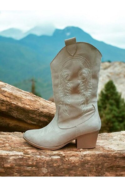 Abacca KADIN SÜET WESTERN NAKIŞ DETAYLI İÇTEN FERMUARLI BEJ RENKLİ KOVBOY YÜKSEK BOT