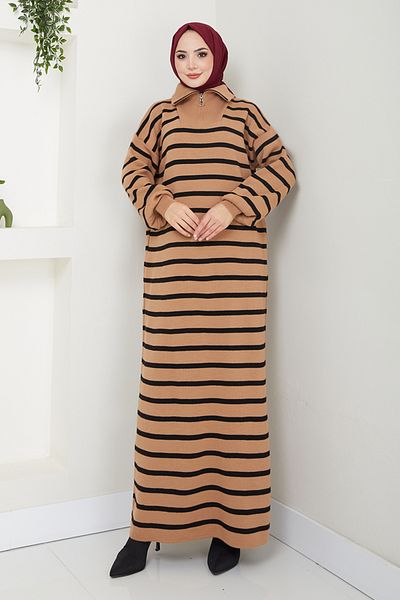 ModaMerve Rochie din tricotaje cu dungi Latte - 6025KL1035-M
