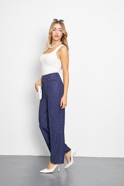 LOVELF Navy Blue Wool Effect Trousers - Pocket Detail
