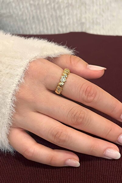 TREND COLLECTİON Zircon Stone Heart Model Adjustable Gold Women's Ring