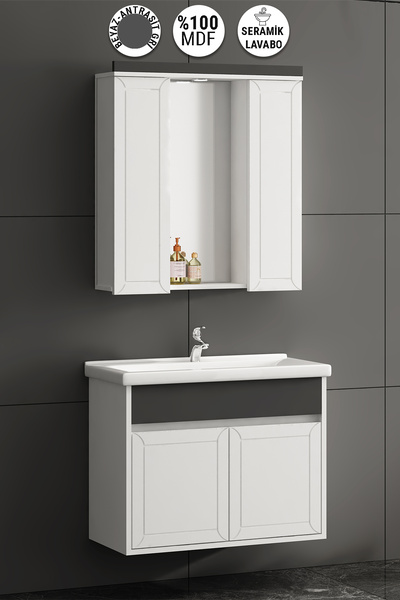 ÖZCEDEN Çuha 80 cm Beyaz-Antrasit Gri Mat MDF Pk-109 Balon Kapak Seramik Lavabolu Asma Banyo Dolabı Takımı