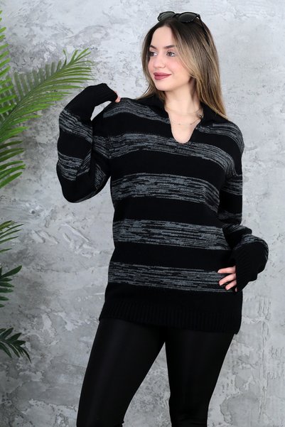 ATEMODAA Women's Knitting Special Strip, Polo Collar Sweater