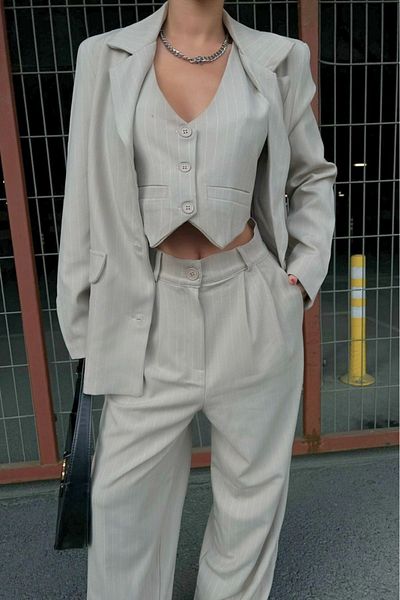 MAS BUTİK Women's White Stripes Detail Crop Vest Jacket Bol Cut Bol Trouser Pants Bottom Top Suit