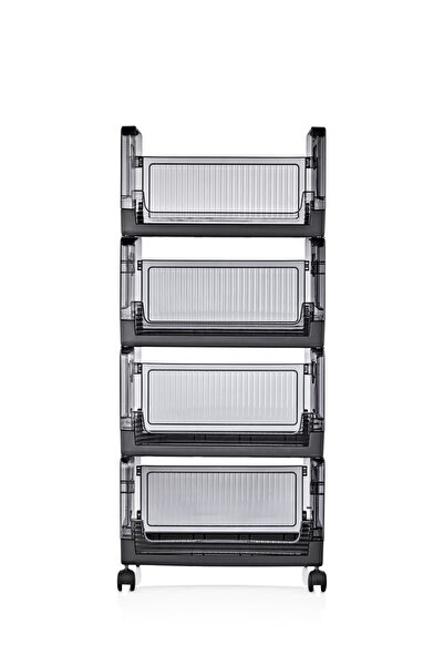 Dükkanönü Dükkanönü 4 Katlı Portatif Tekerlekli Organizer Antrasit Modern Sepet Ayakkabılık Kitaplık