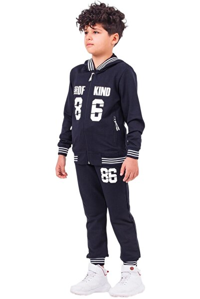 İrem Çocuk Giyim Boy's 86 Letter Patterned Zipper Pocket Hooded Navy Blue Tra...