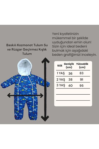 Tosyalı Burak Bebe Printed Cosmonaut Jumpsuit Water and Windproof Winter Jumpsuit