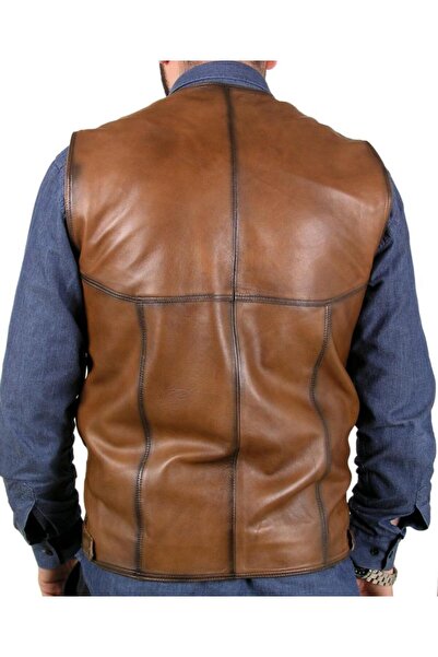 Sanalbolluk Black Stripe Drawn Leather Vest on Tan