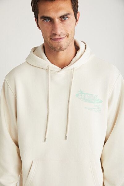 GRIMELANGE Pánská mikina Claude s kapucí a kamennou barvou s potiskem a klokaní kapsou