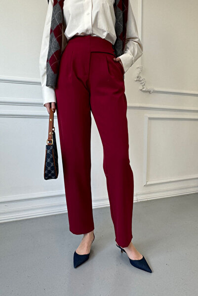 MAGARDE Burgundy Italian Waist Design Fabric Trousers