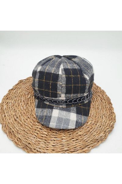 Sanalbolluk Black Color Square Patterned Brim Hat
