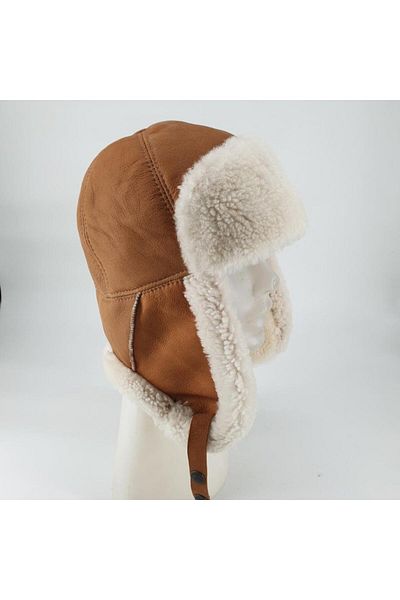 Sanalbolluk Pilot Model Mustard Color Leather Hat with Fur Inside