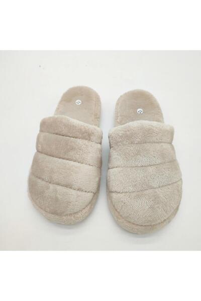 Sanalbolluk Horizontal Stitched Fluffy Women's Slippers Cream Color