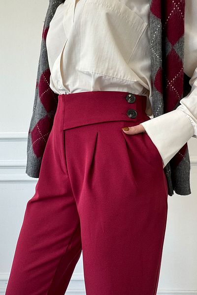 MAGARDE Burgundy Italian Waist Design Fabric Trousers