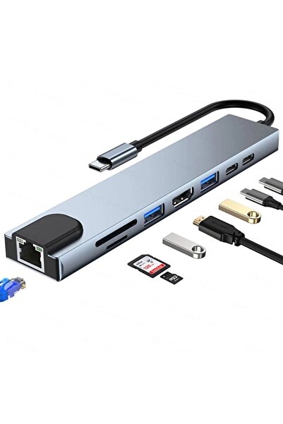Janva 8in1 Usb Type-c Hub Port Adaptör Hdmı Usb Ethernet Pd Girişli
