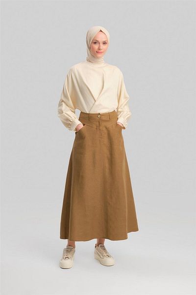 Armine Linen Skirt 24Y1634 - Pocket Detail, Camel