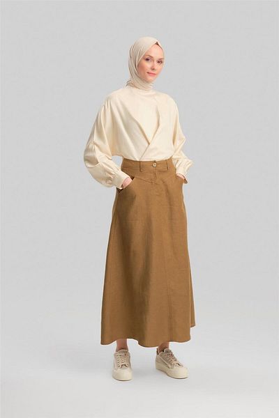 Armine Linen Skirt 24Y1634 - Pocket Detail, Camel