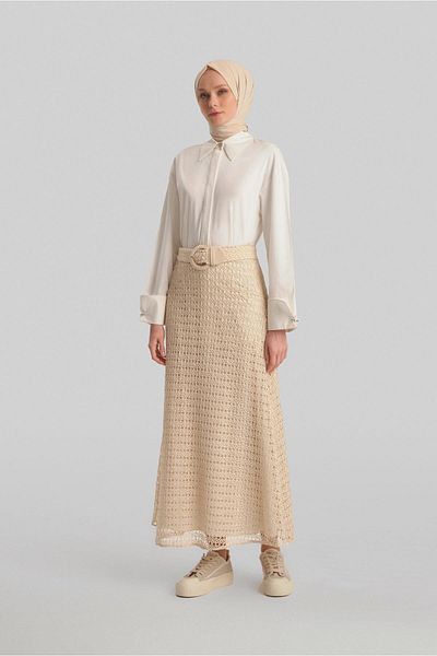 Armine Ecru Mesh Flared Skirt - 24Y1625