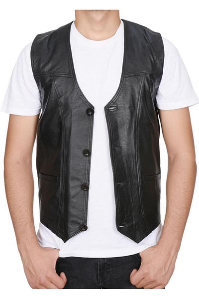 Sanalbolluk Sports Cut Black Leather Vest with Belt on the Back