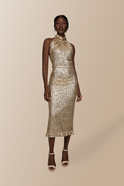 Elif Naz Moda Evi gold kolsuz boğazlı uzun maxi elbise