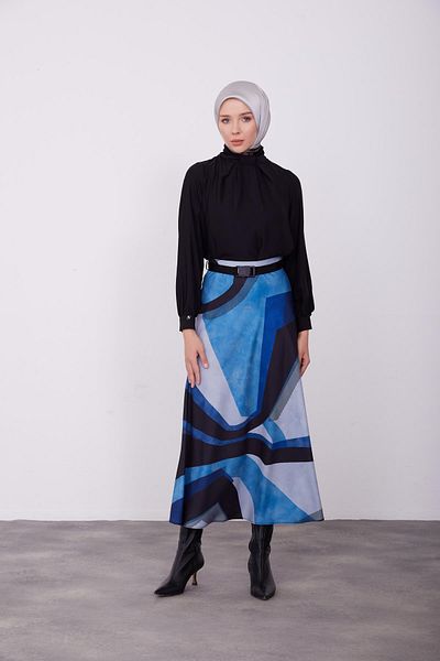 Armine 23K1419 Model Lightweight Indigo Patterned Flared Skirt