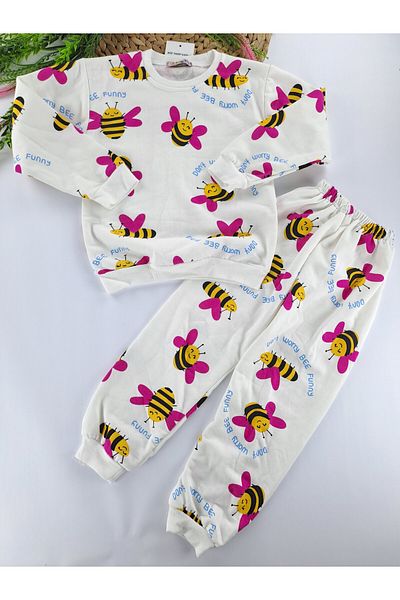 Butik Girl's Pajamas Set 2 Thread Raised Fleece Inside Bee Printed