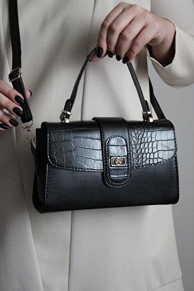 mossi Black Crocodile Leather Detailed Covered Hand and Shoulder Bag with Adjustable Strap