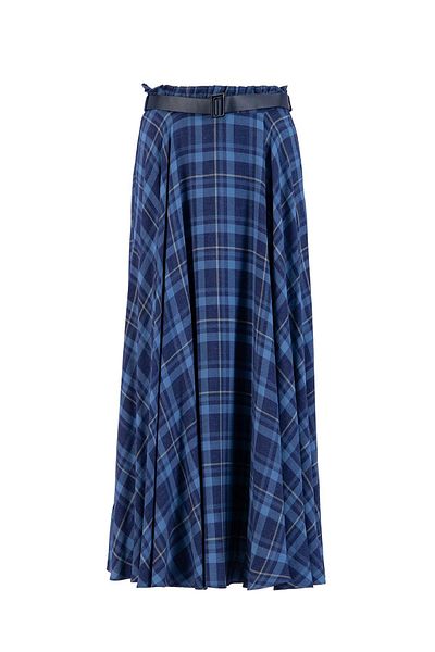 Armine Leather Belted Plaid Skirt 24K1713 Navy Blue