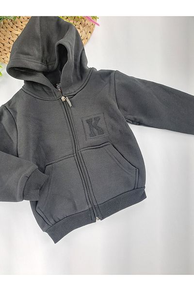 Butik Hanorac negru cu glugă cu fermoar și fleece în interior pentru băieți și fete